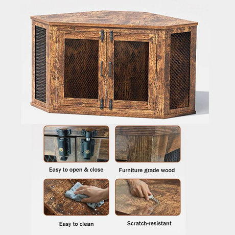 Retro Wooden Space-Saving Corner Pet Dog House - Omega Lifestyles