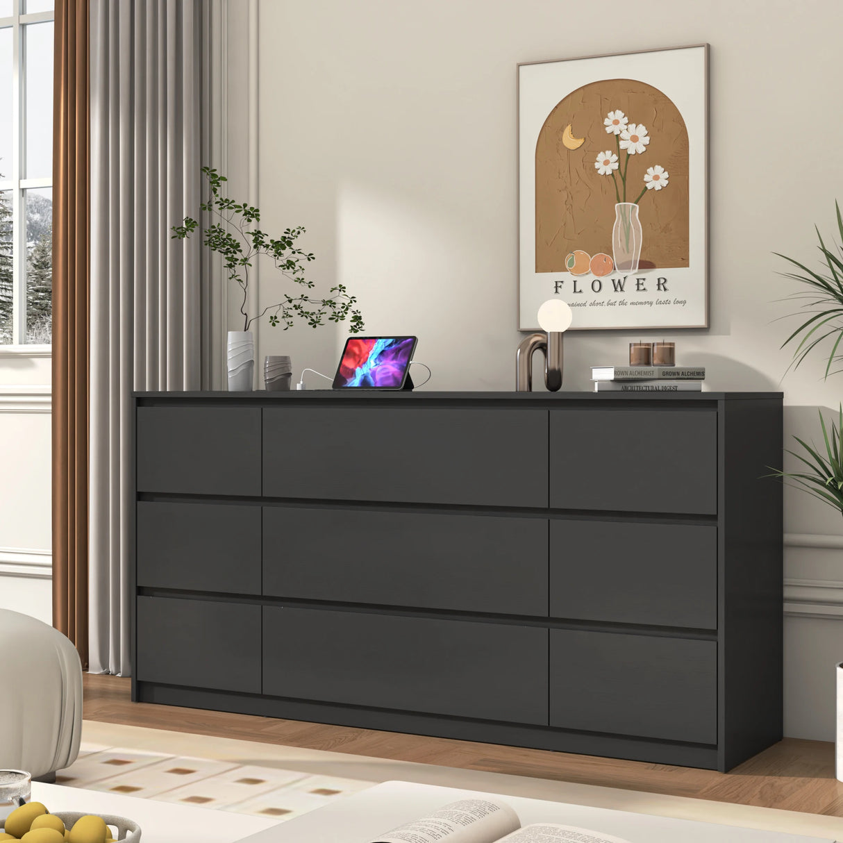 Modern 9 Drawer Engineered Wood Dresser With Charging Station