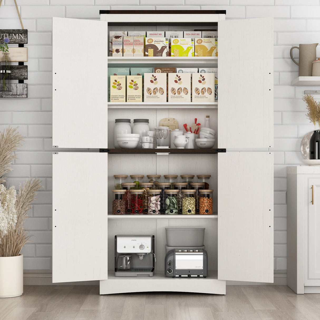 71-Inch Farmhouse Adjustable Shelves Storage Cabinet