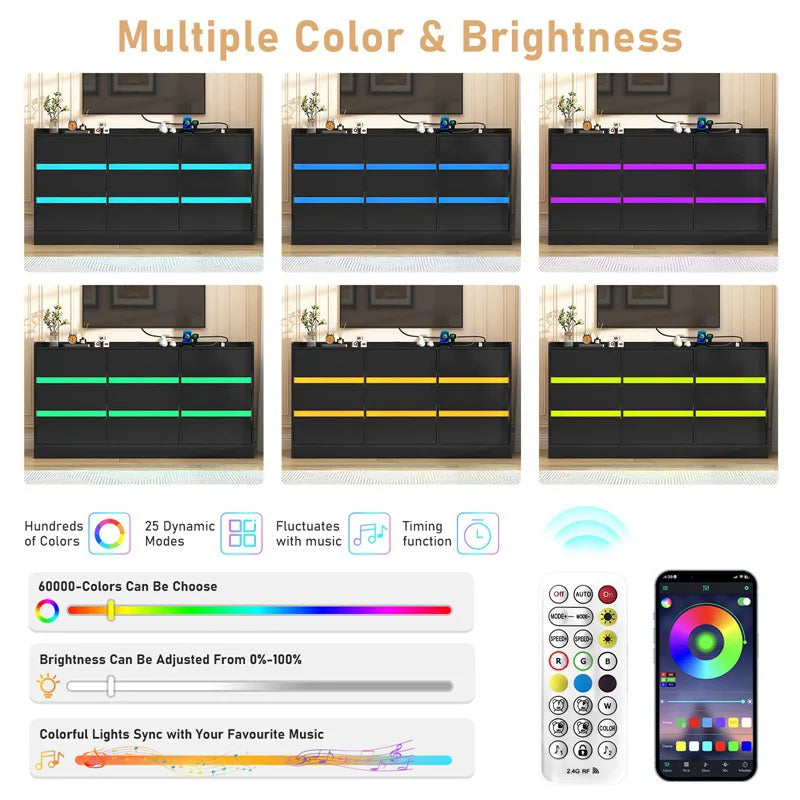 9-Drawer Wooden Dresser With LED Lights And Charging Station