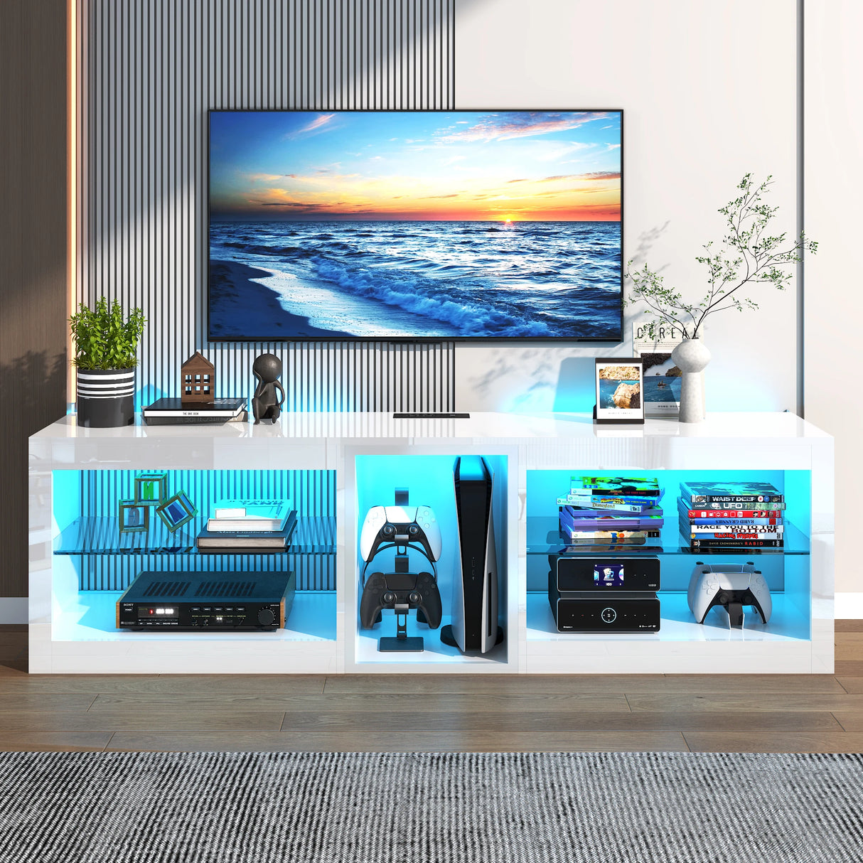 Modern 63-Inch Adjustable LED TV Stand With Storage Shelves