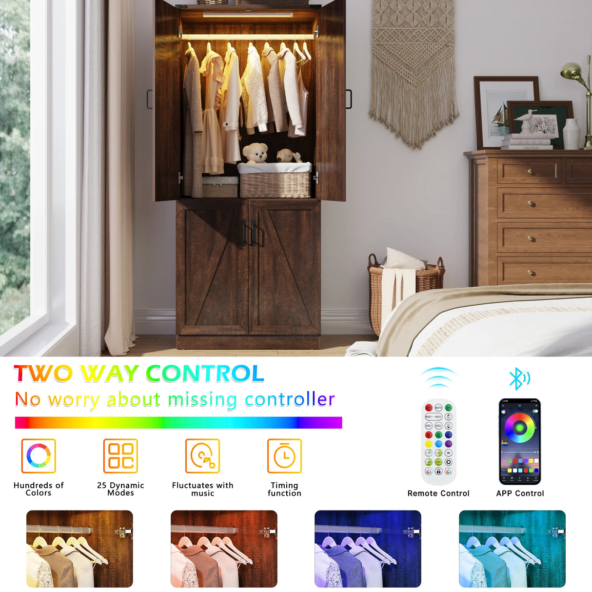 Farmhouse 2-Door Armoire Wardrobe Closet With LED