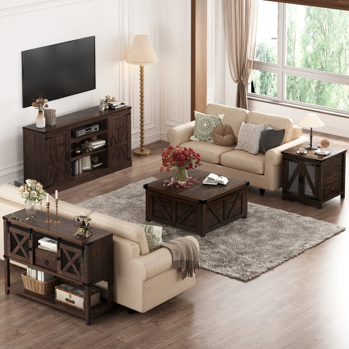 Antique Wood Farmhouse Entryway Table With Sliding Barn Doors