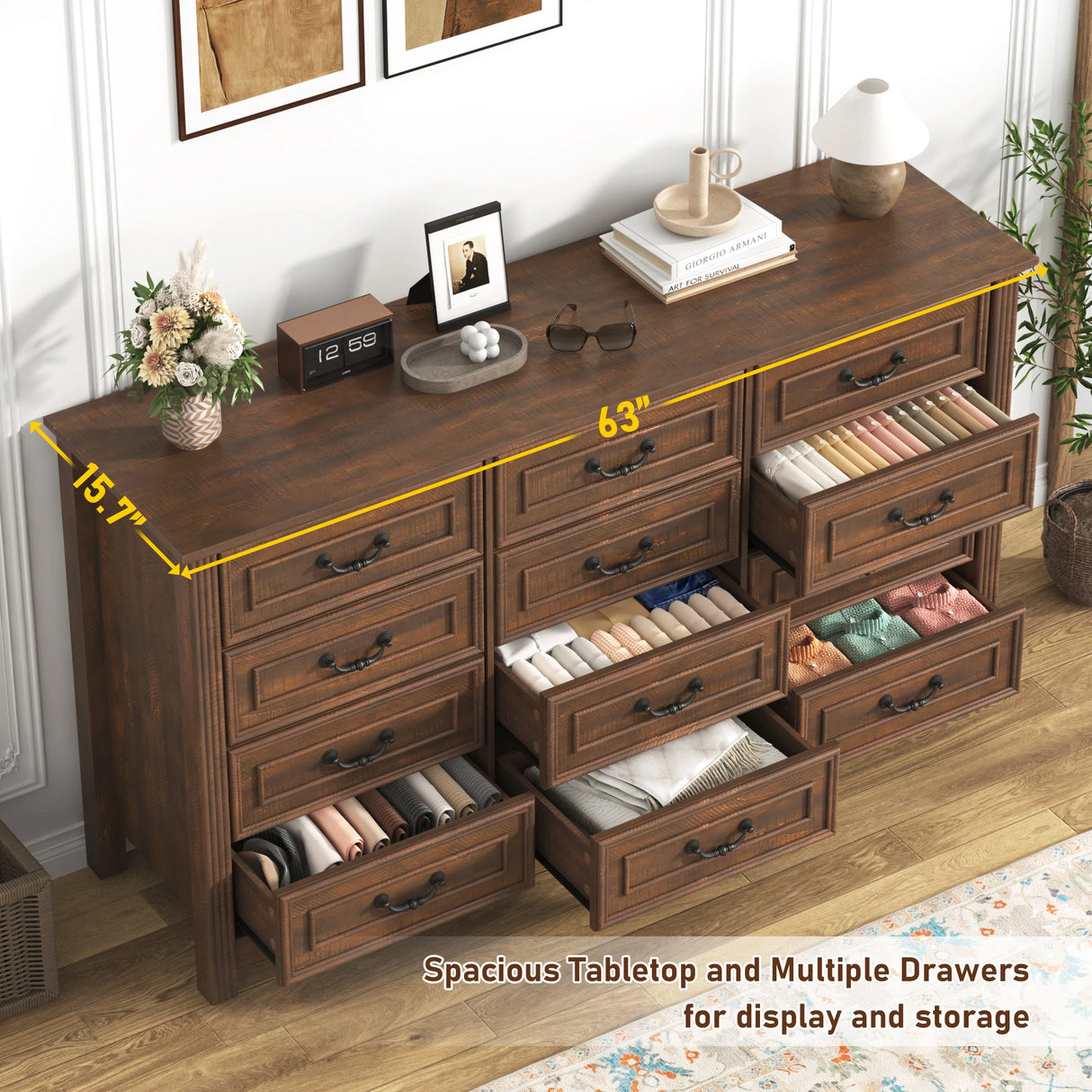 Rustic Wooden 12-Drawer Large Bedroom Dresser Chest