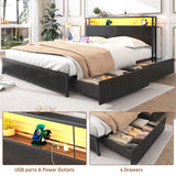 Queen LED Platform Bed Frame With Storage Drawers and USB Charging