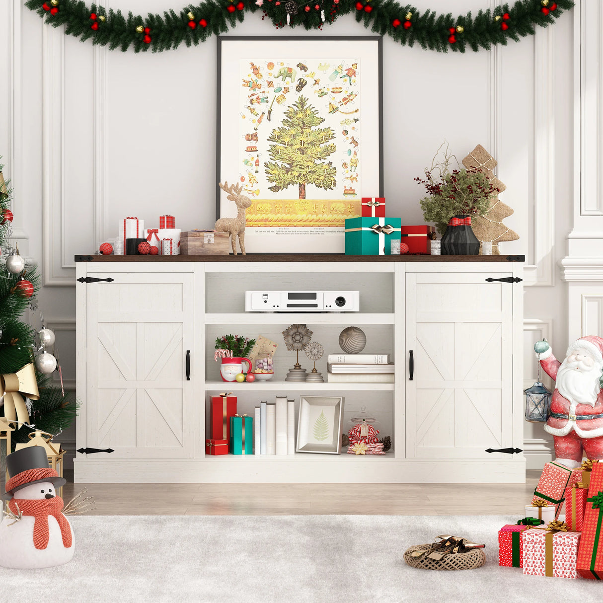 66-Inch Farmhouse Wooden TV Stand With Power Outlets