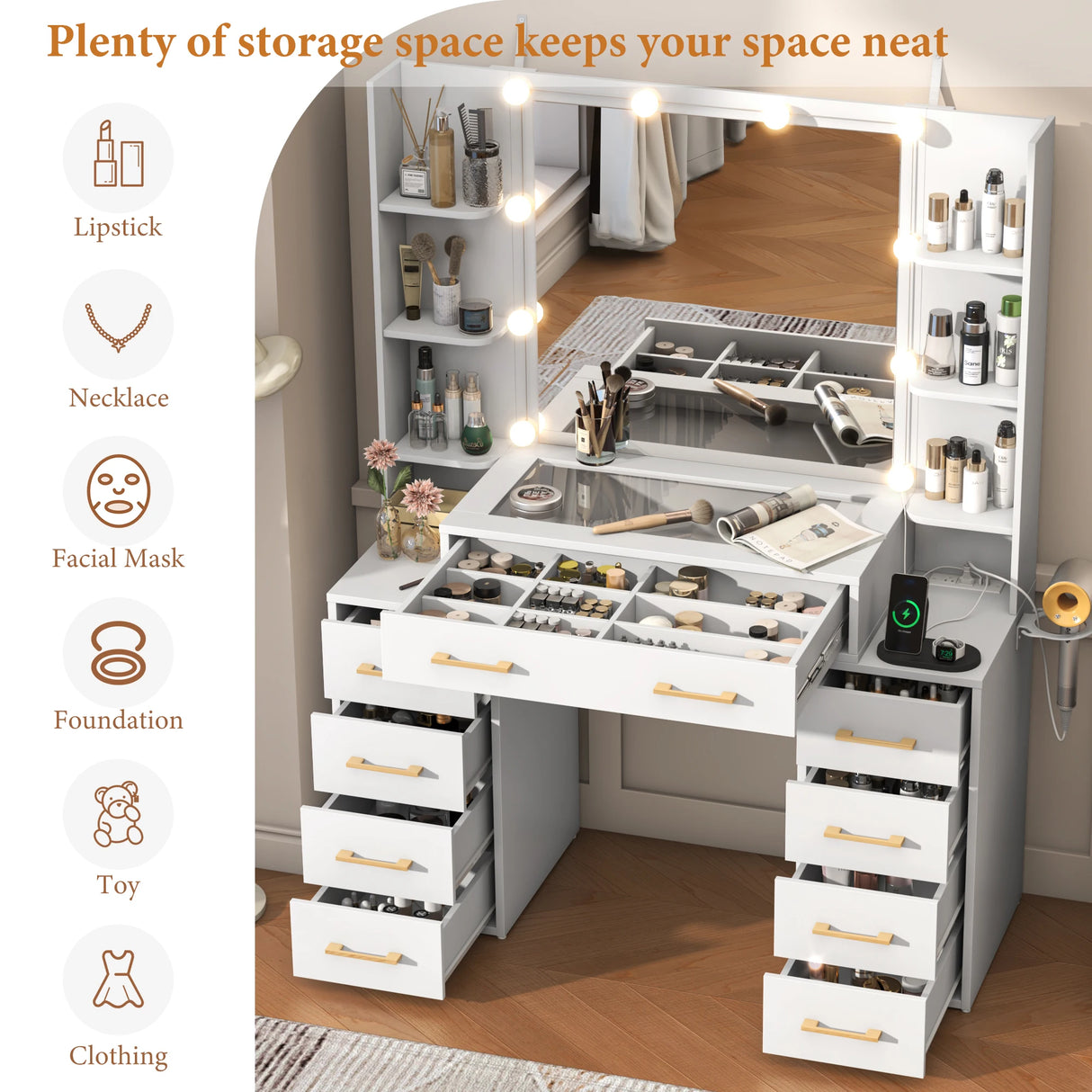 Modern Glass Top Vanity Desk With Mirror LED Lights