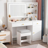 Modern Wooden Vanity Desk With Mirror Lights Charging Station