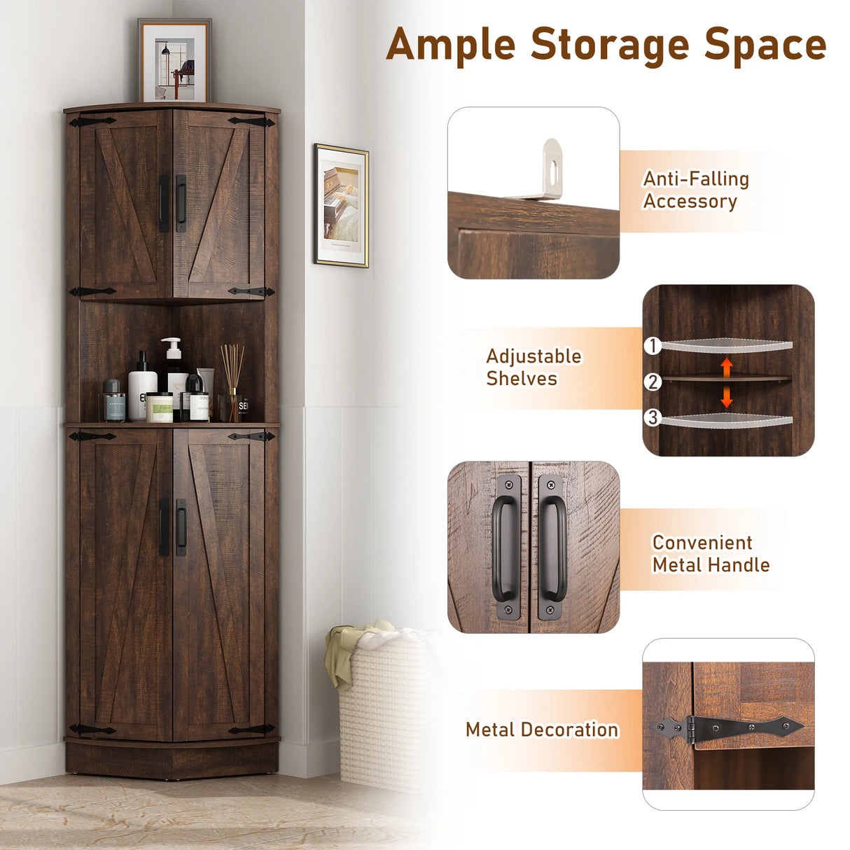 67.5-Inch Farmhouse Corner Cabinet With Adjustable Shelves