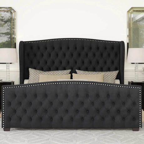 Velvet Upholstered Platform Bed Frame With Wingback Headboard - Omega Lifestyles