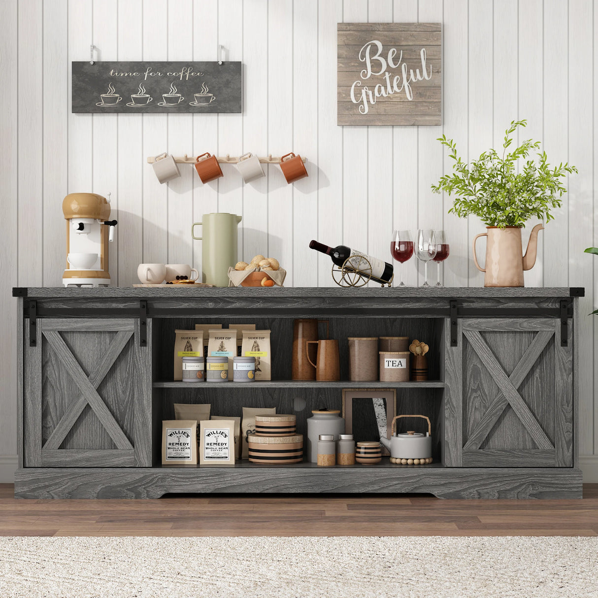 Farmhouse Wooden Sliding Barn Door Coffee Bar Cabinet