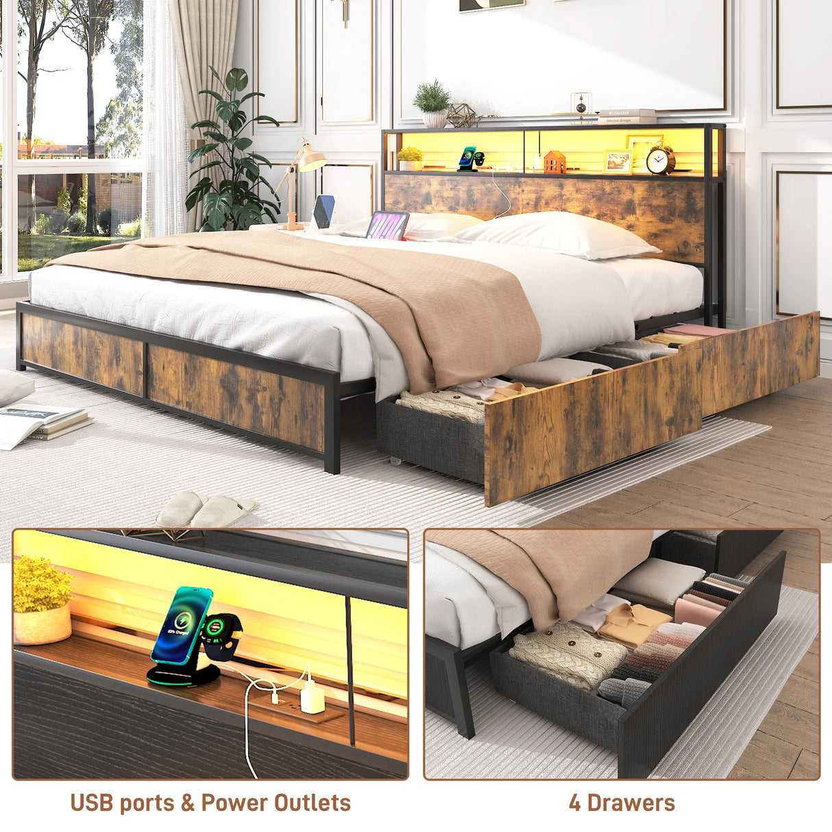 Queen LED Platform Bed Frame With Storage Drawers and USB Charging