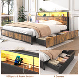 Queen LED Platform Bed Frame With Storage Drawers and USB Charging