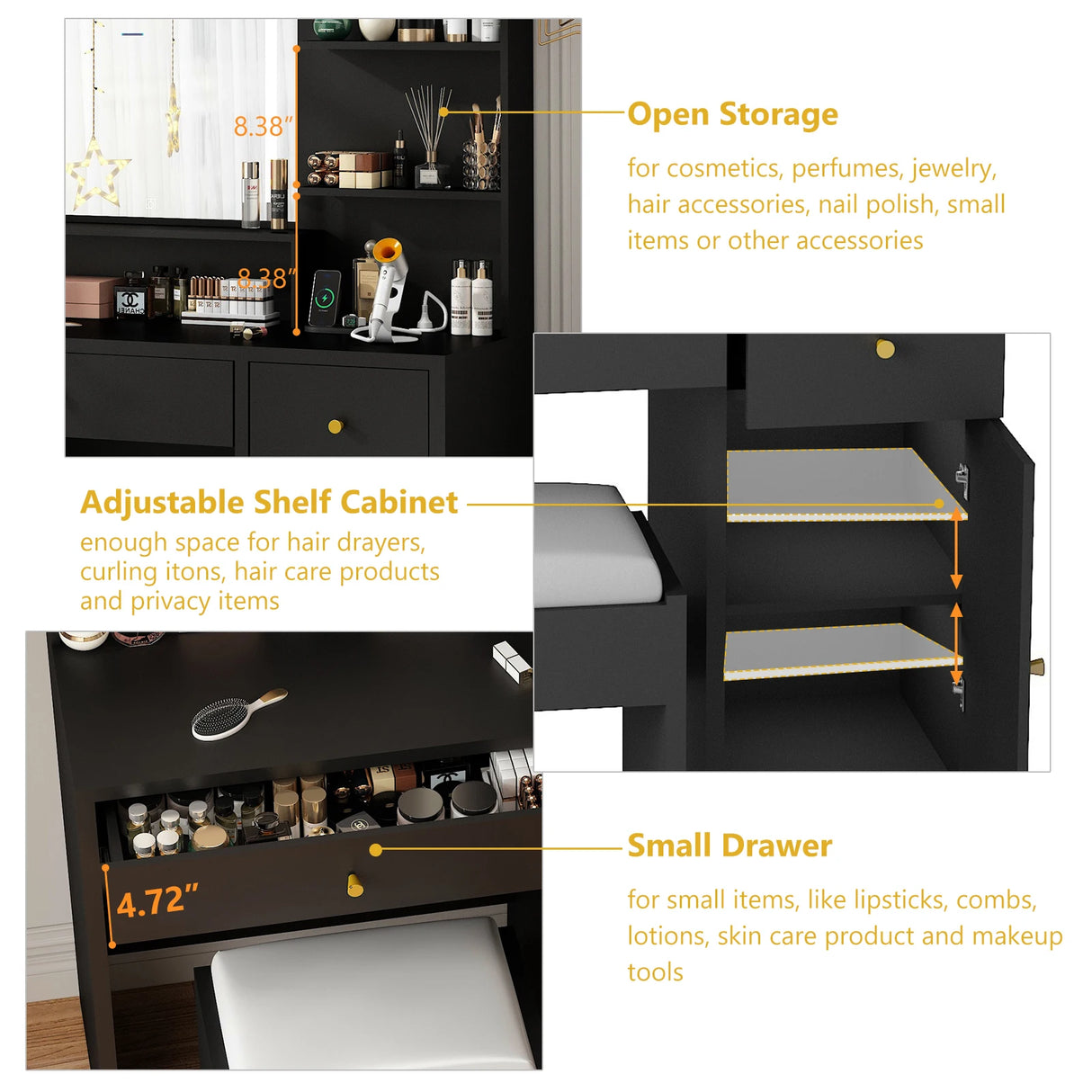 Modern Wooden Vanity Desk With Mirror Lights Charging Station