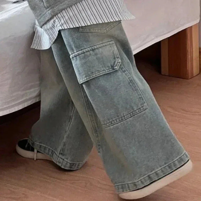 Children’s Loose Fit Mid Waist Big Pocket Straight Jeans - Omega Lifestyles