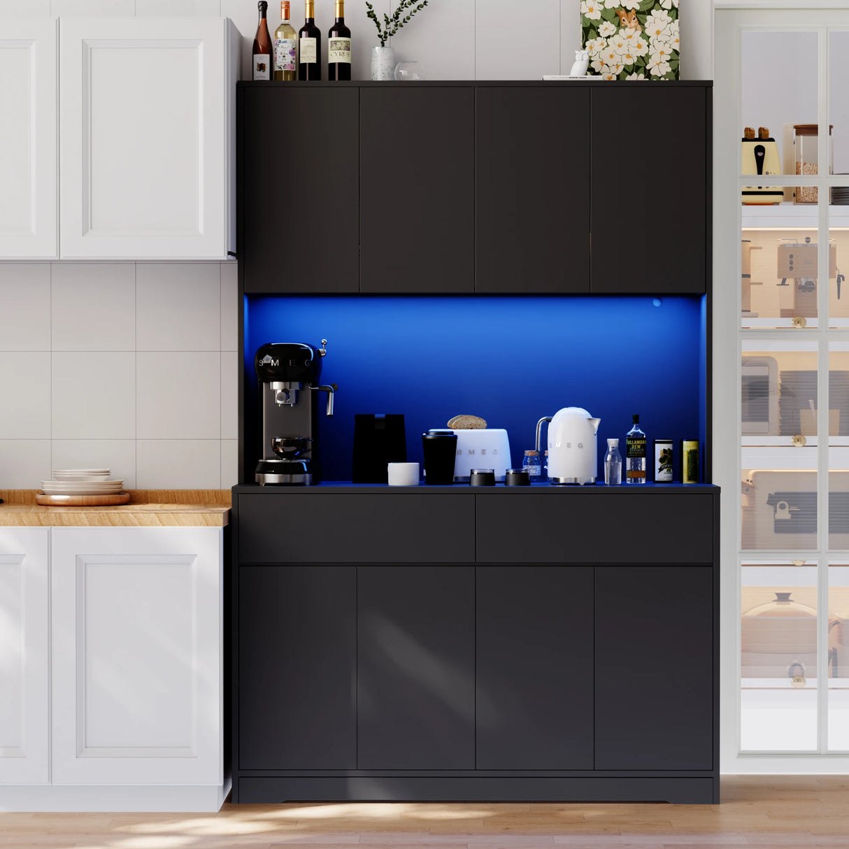 American Country Antique Wood Pantry Cabinet With LED Lights