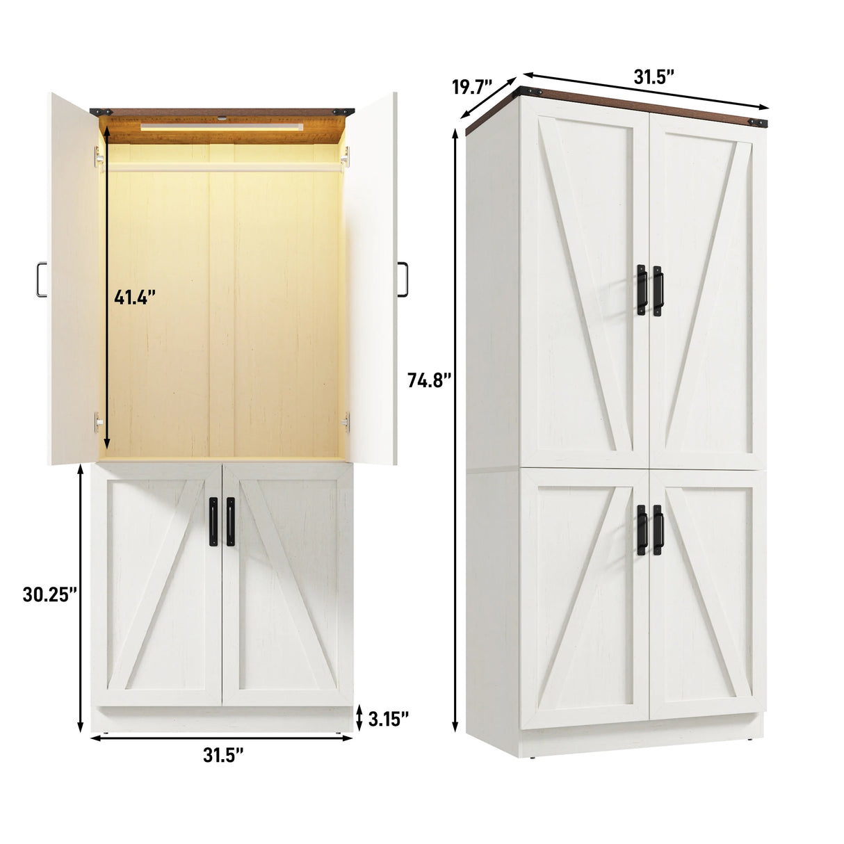 Farmhouse 2-Door Armoire Wardrobe Closet With LED