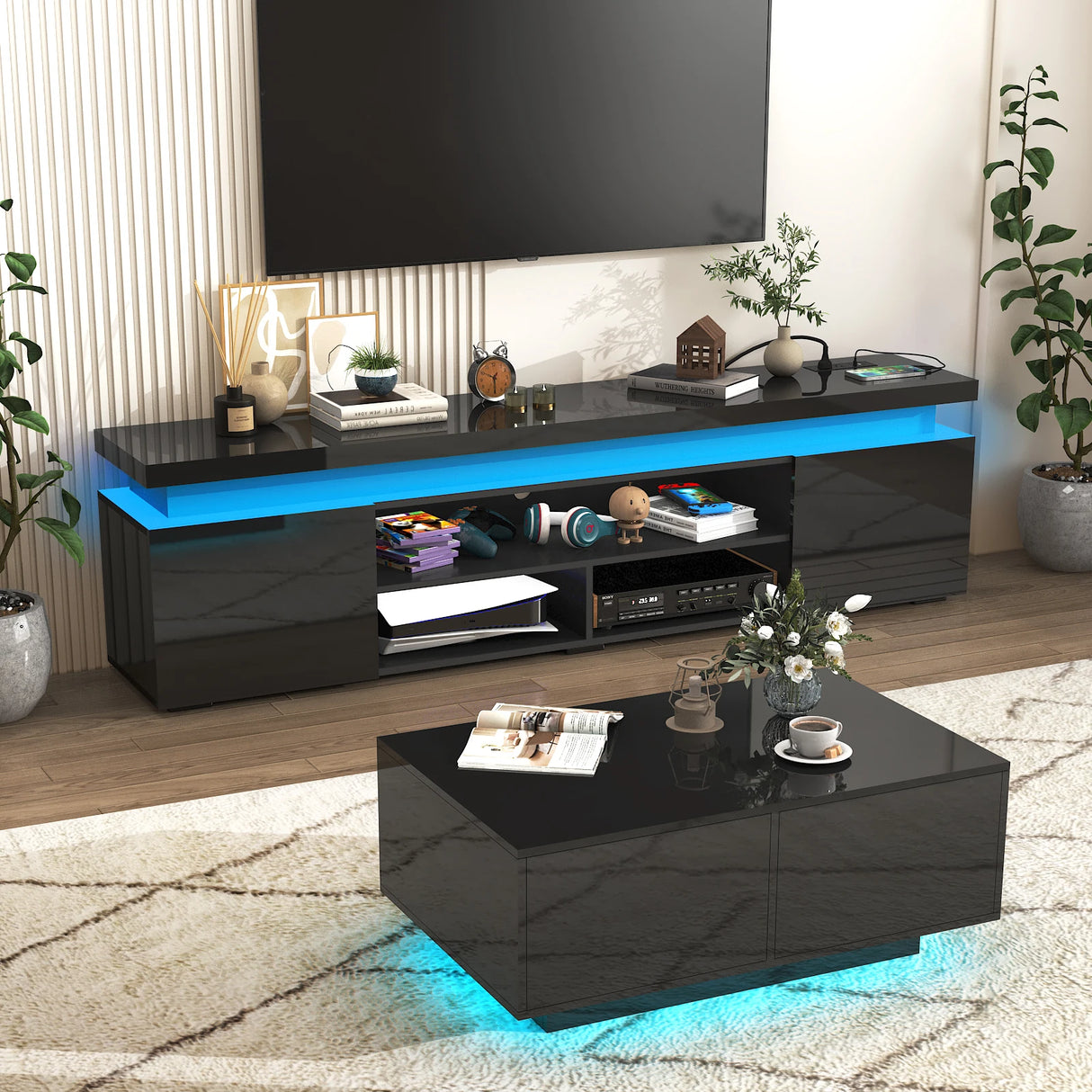 Modern 74-Inch LED TV Stand With Power Outlet and Storage
