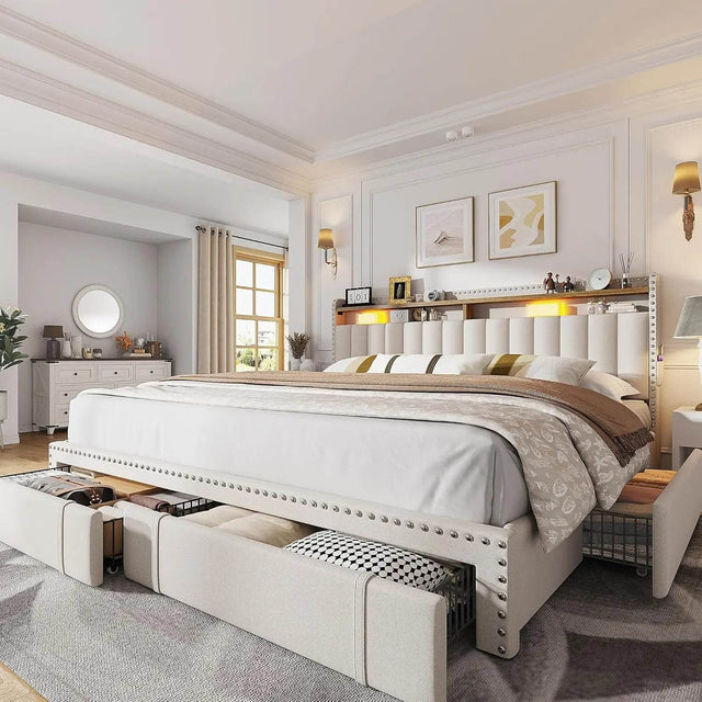 Upholstered Bed Frame with Storage Drawers - Omega Lifestyles