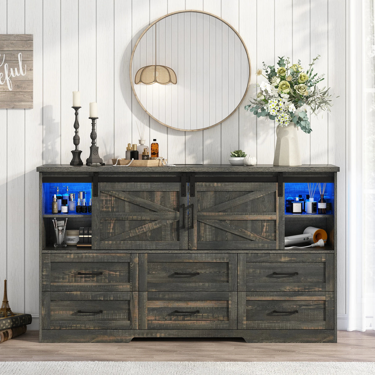 Modern Farmhouse Wood Storage Cabinet With Charging Station