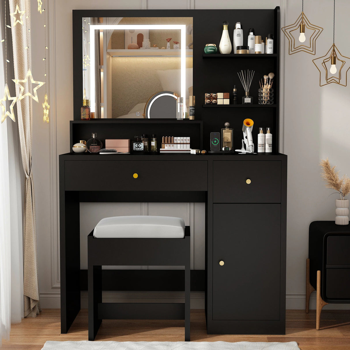 Modern Wooden Vanity Desk With Mirror Lights Charging Station