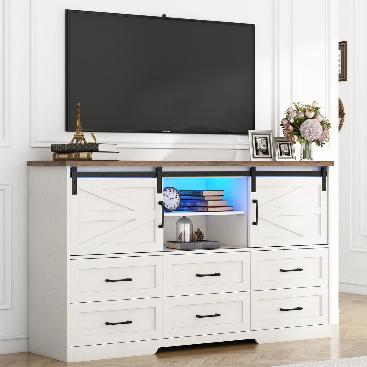 Farmhouse Wood Sideboard Buffet Cabinet With Charging Station