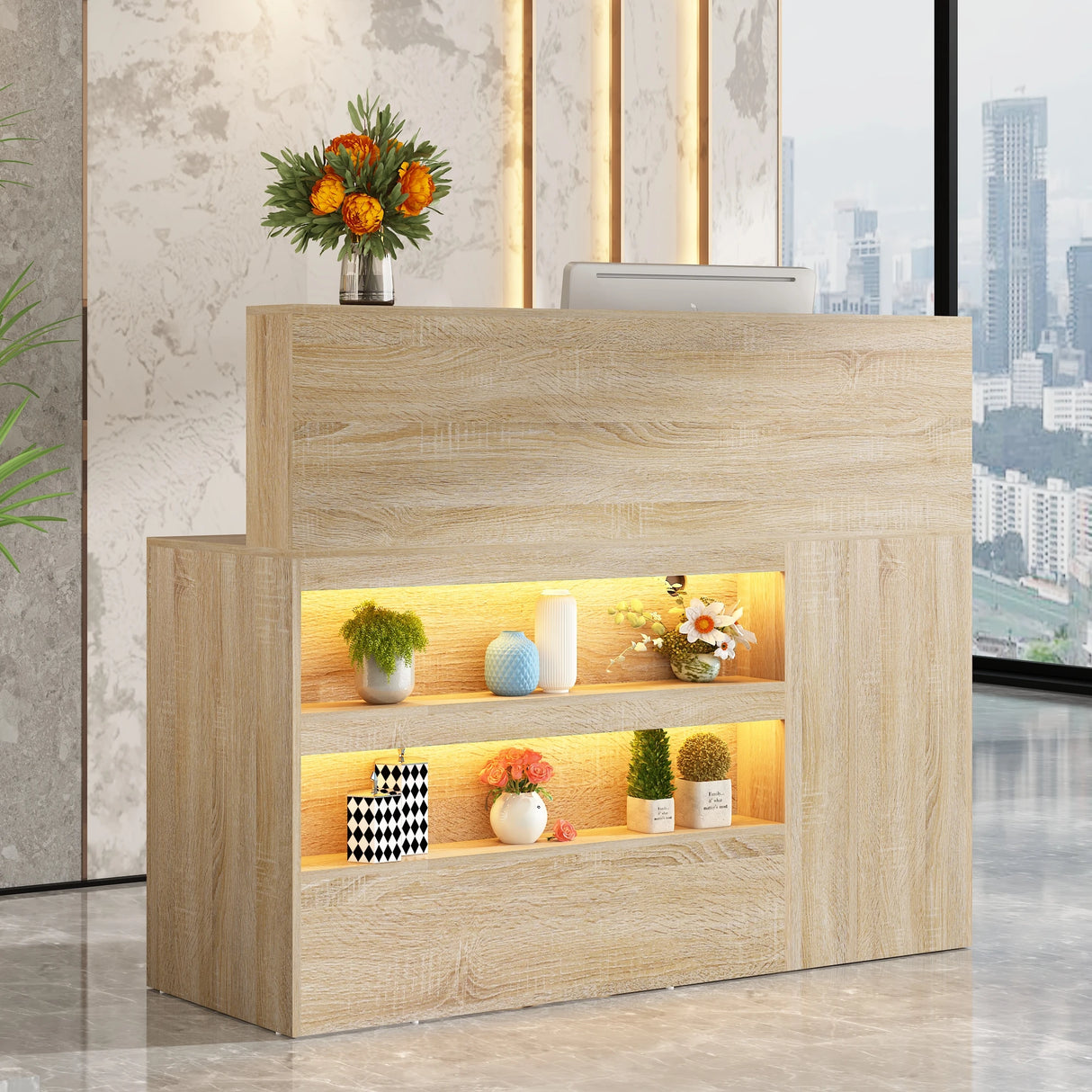 Modern LED Reception Desk With Storage Cabinets and Power Outlets