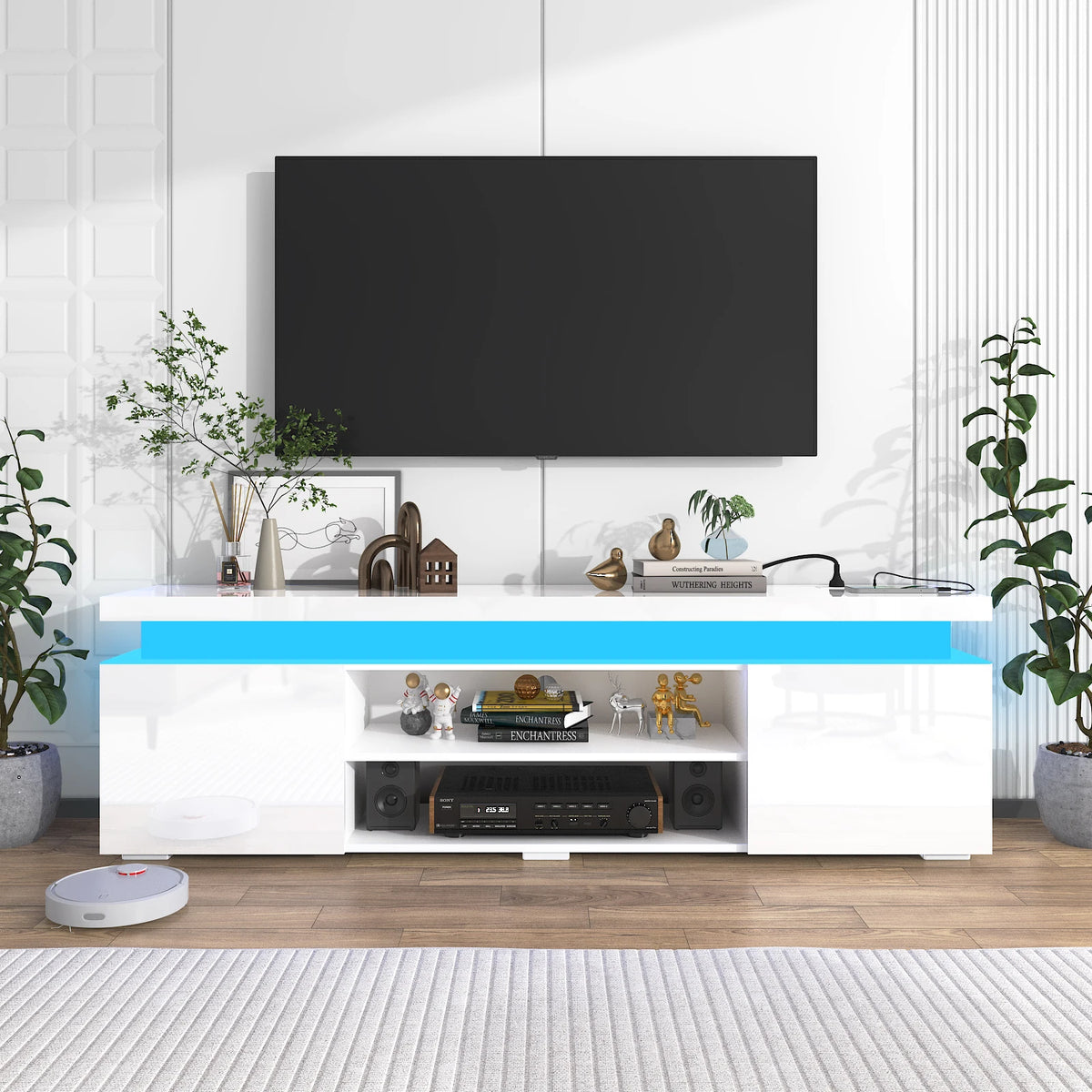 Modern 66-Inch High Gloss LED TV Stand With Power Outlet