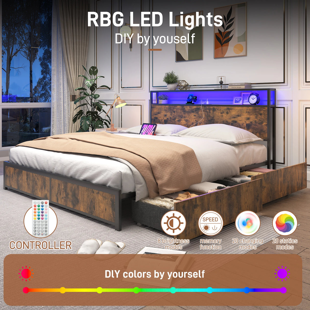 Queen LED Platform Bed Frame With Storage Drawers and USB Charging