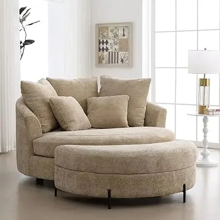 Oversized Round Barrel Chenille Fabric Accent Chair With Ottoman - Omega Lifestyles