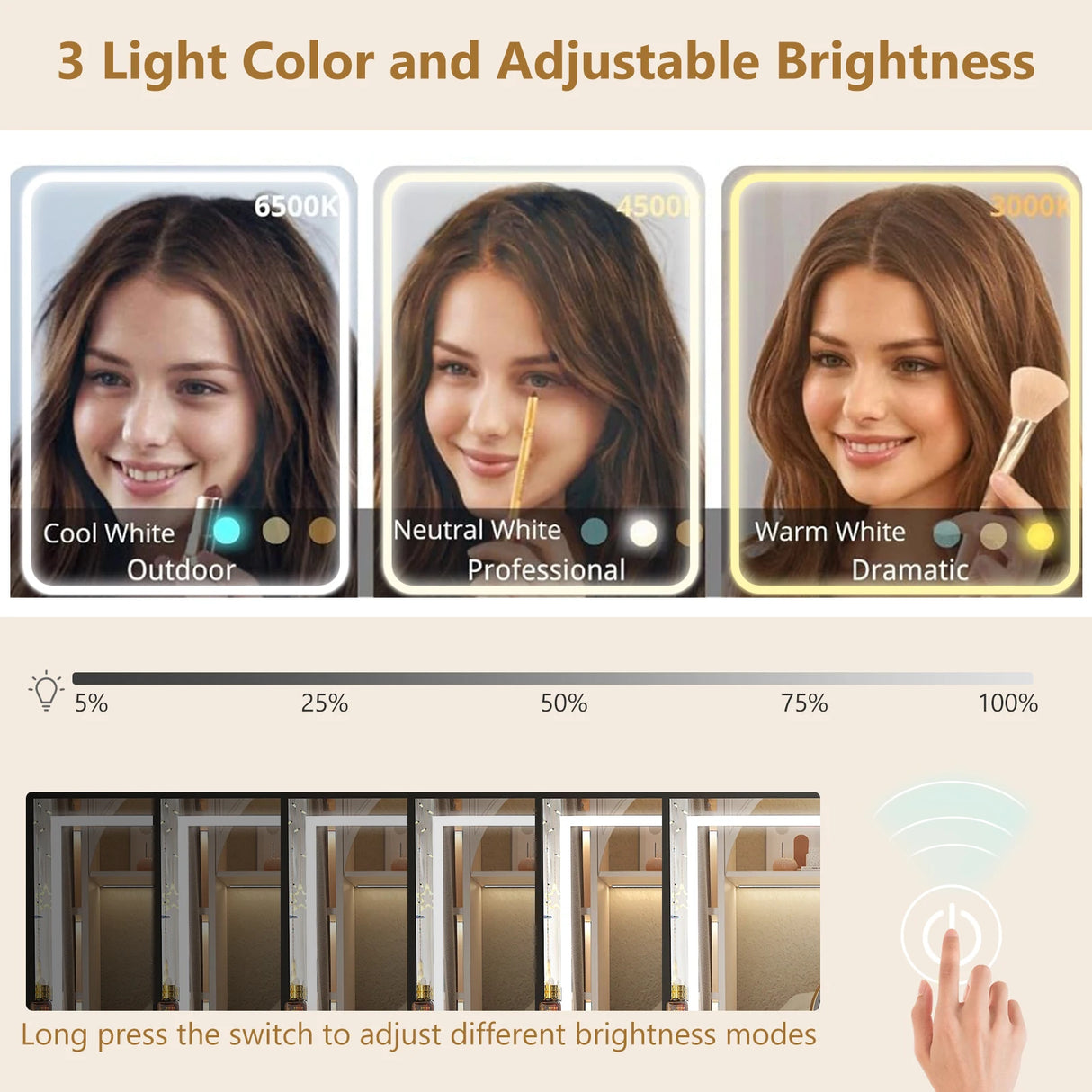 Modern Wooden Vanity Desk With Mirror Lights Charging Station