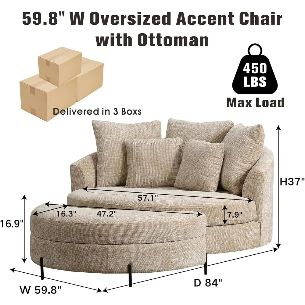 Oversized Round Barrel Chenille Fabric Accent Chair With Ottoman - Omega Lifestyles