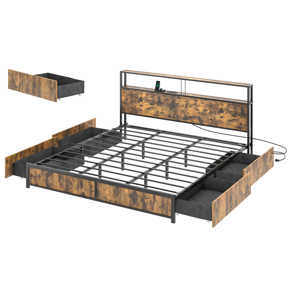King Size Industrial LED Light Storage Platform Bed Frame
