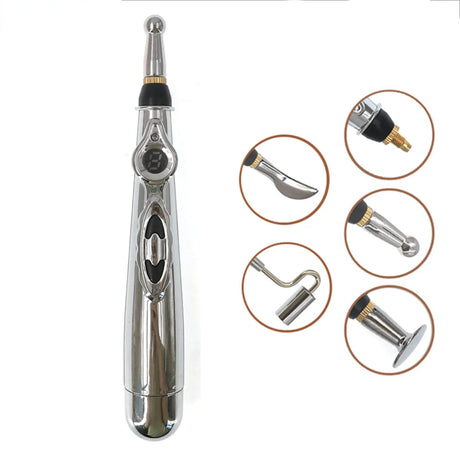 Electronic Acupuncture Pen Stainless Steel Massage Device With 5 Heads - Omega Lifestyles