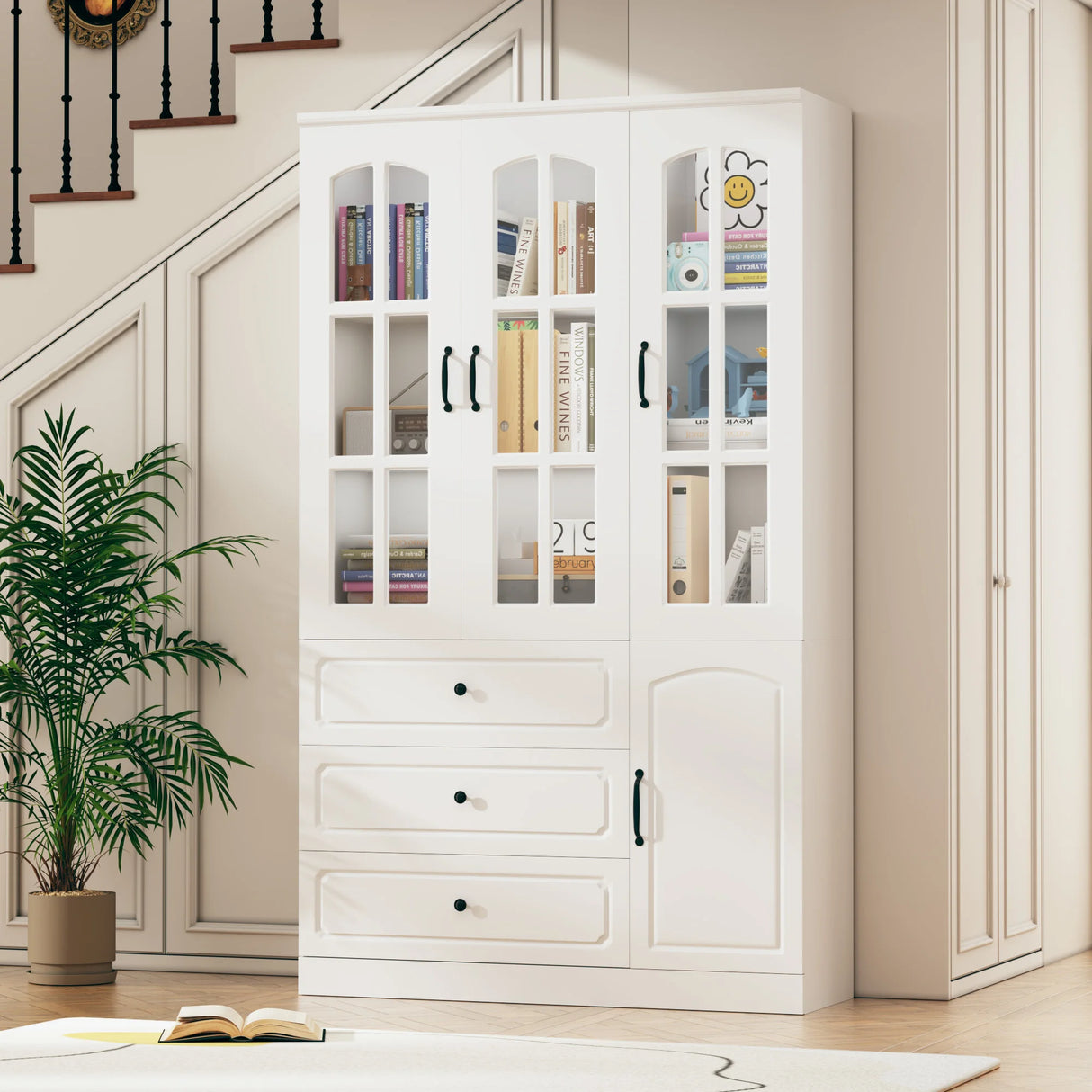 Modern 78-Inch White Glass Door Living Room Cabinet