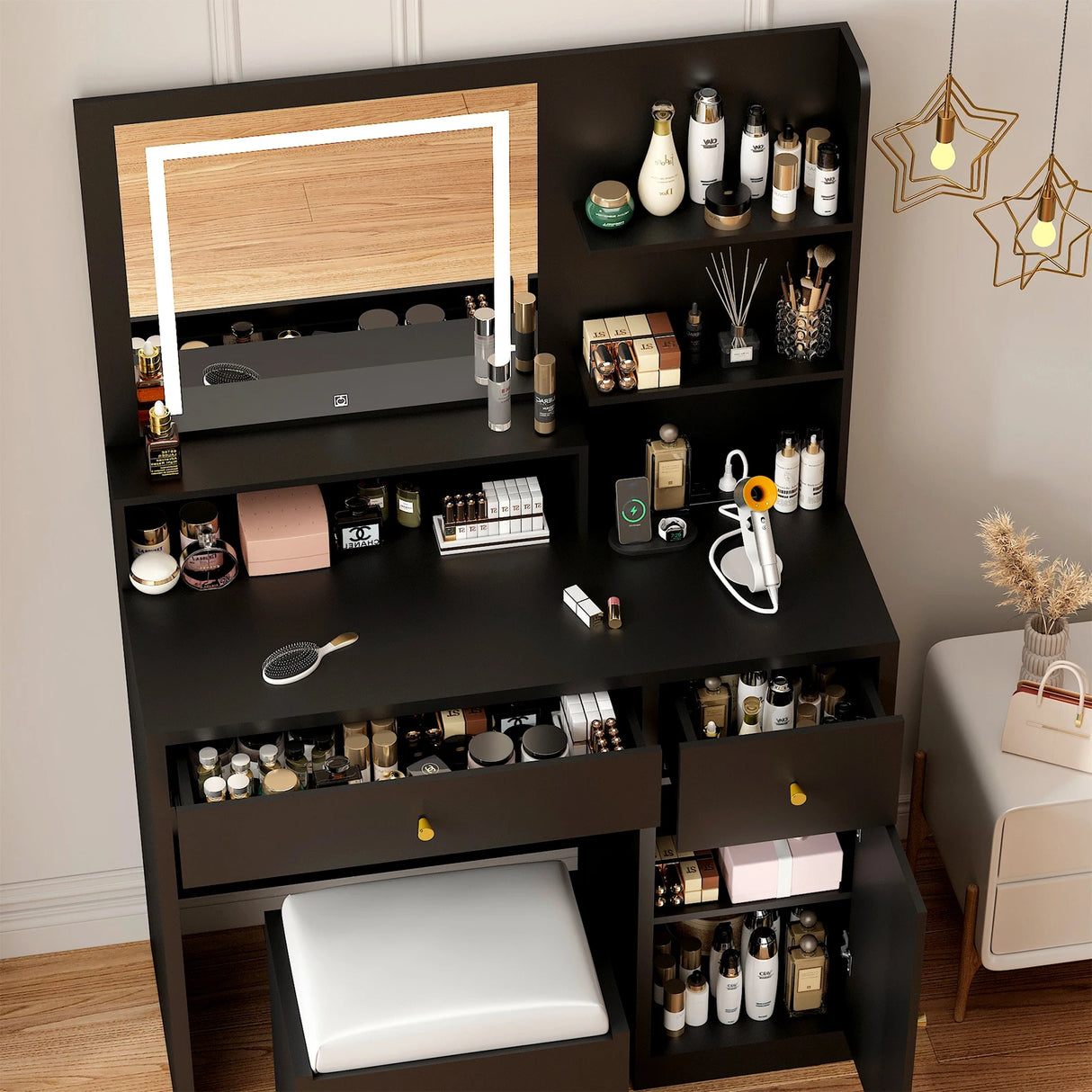 Modern Wooden Vanity Desk With Mirror Lights Charging Station
