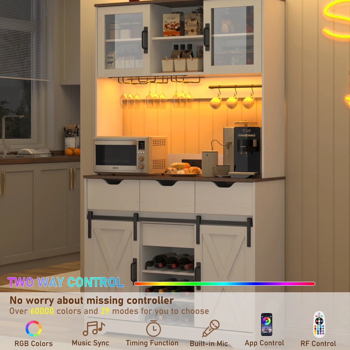 Farmhouse Wood Sliding Door Coffee Bar Cabinet With LED Lights