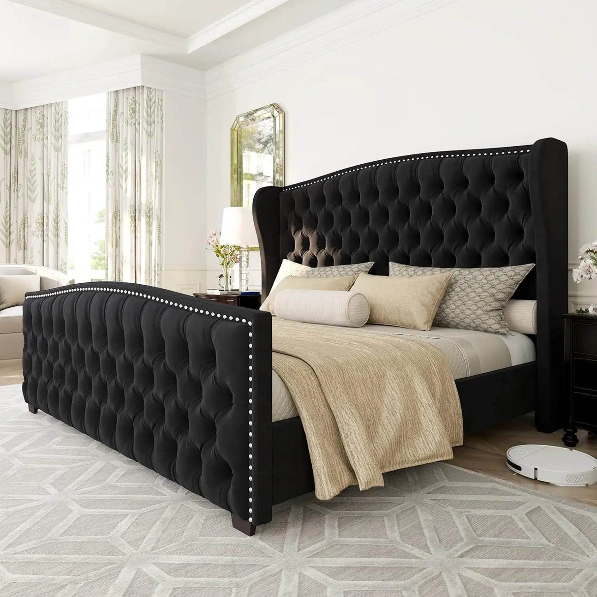 Velvet Upholstered Platform Bed Frame With Wingback Headboard - Omega Lifestyles