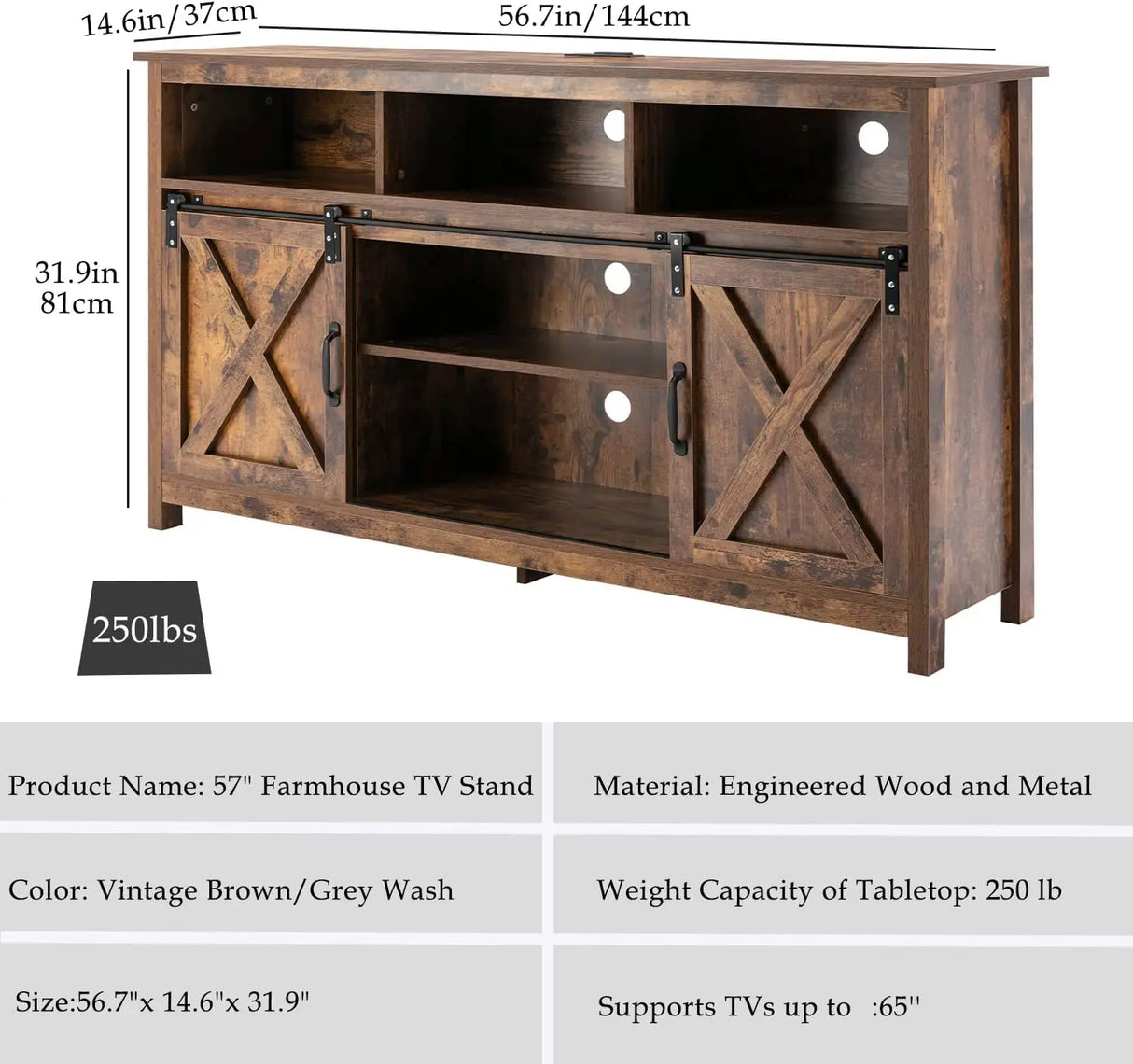 Farmhouse Wood Sliding Barn Door TV Stand Cabinet