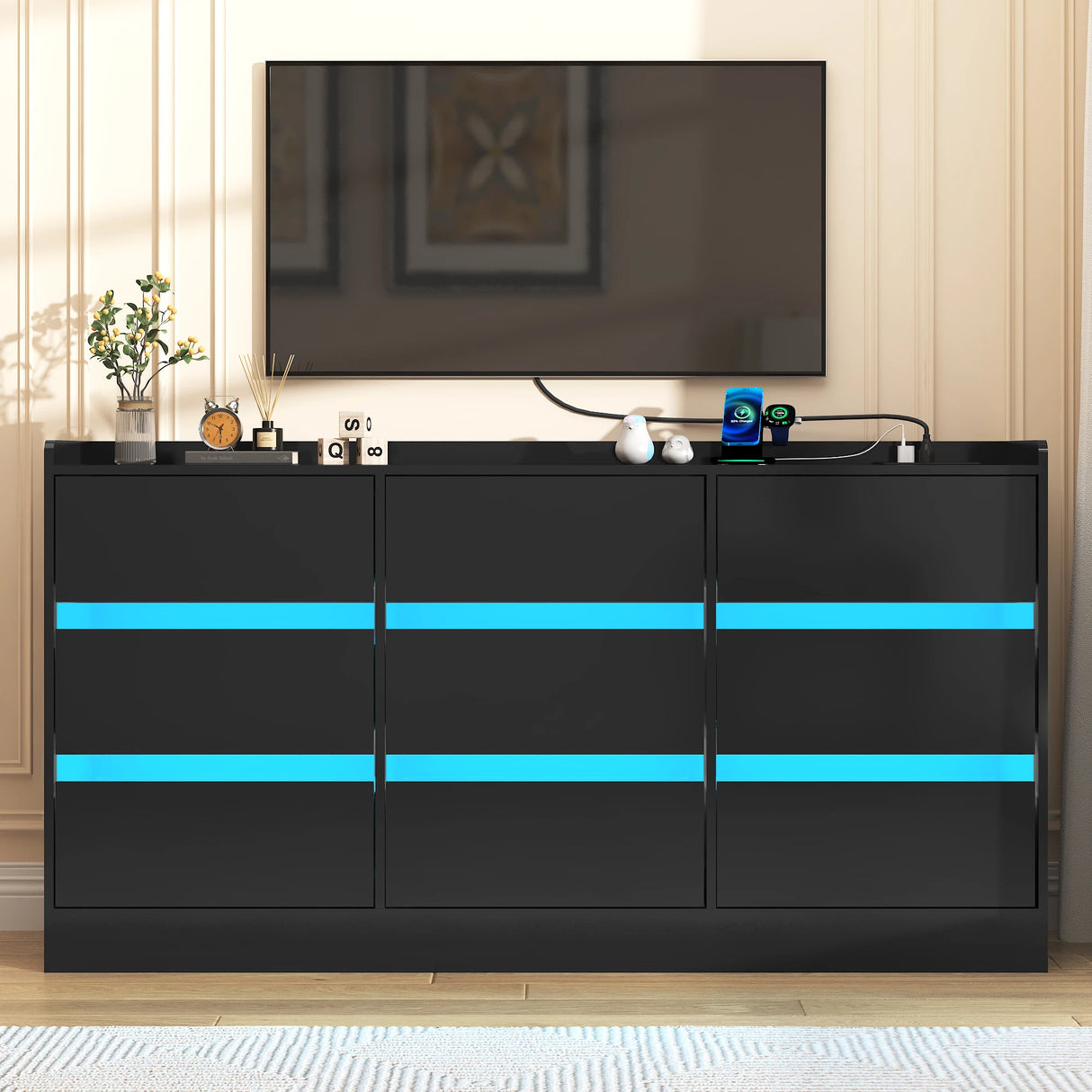 9-Drawer Wooden Dresser With LED Lights And Charging Station