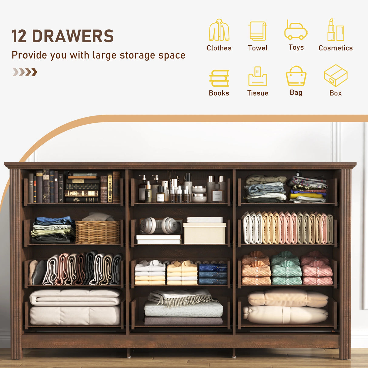 Rustic Wooden 12-Drawer Large Bedroom Dresser Chest