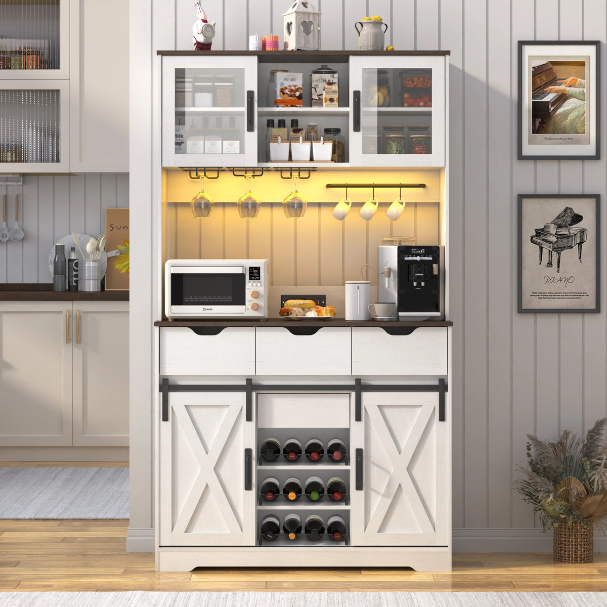 Farmhouse Wood Sliding Door Coffee Bar Cabinet With LED Lights