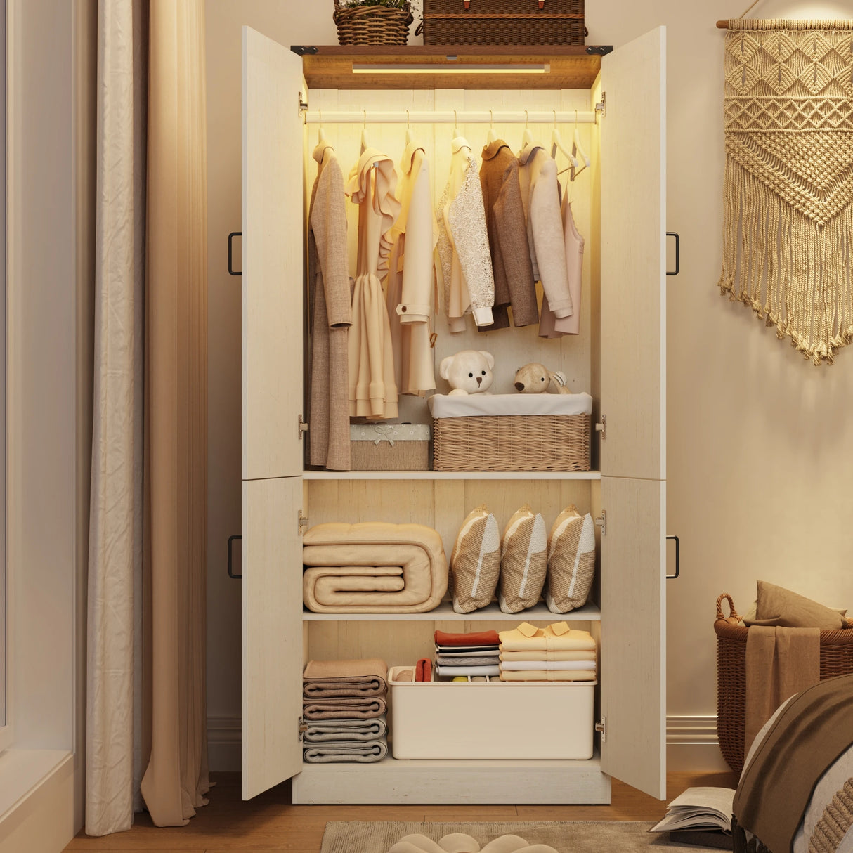 Farmhouse 2-Door Armoire Wardrobe Closet With LED