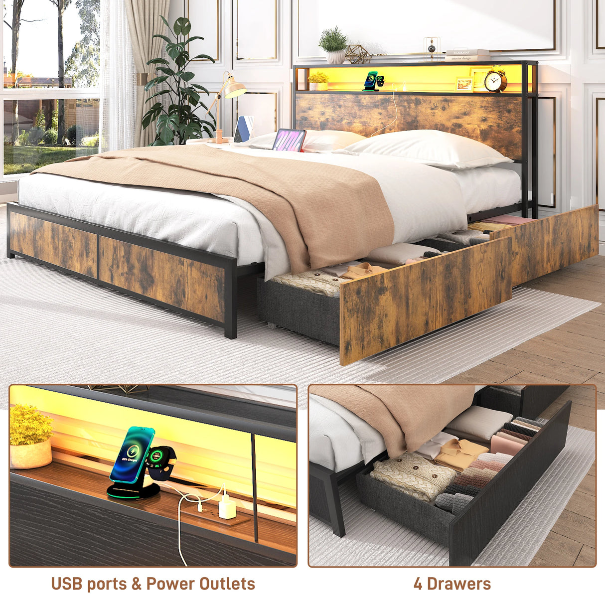 Queen LED Platform Bed Frame With Storage Drawers and USB Charging