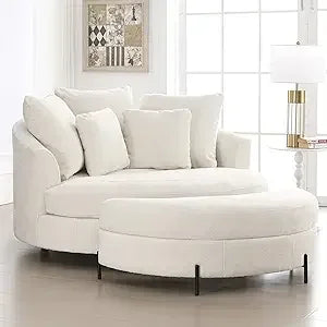 Oversized Round Barrel Chenille Fabric Accent Chair With Ottoman - Omega Lifestyles