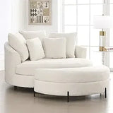 Oversized Round Barrel Chenille Fabric Accent Chair With Ottoman - Omega Lifestyles