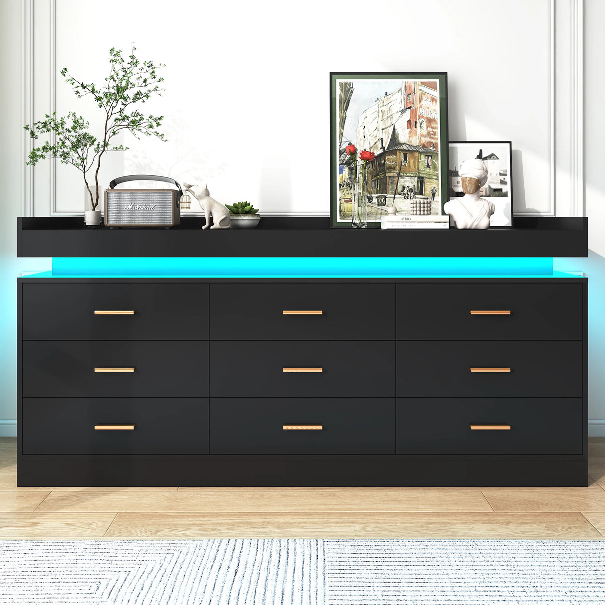 Modern 9-Drawer Wooden Dresser With LED Light