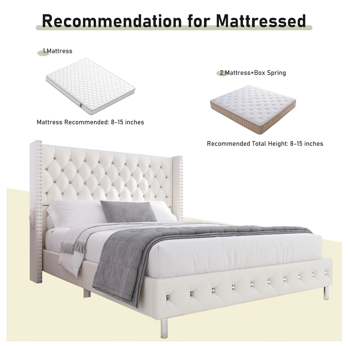 Queen Velvet Upholstered LED Wingback Bed Frame With USB Ports