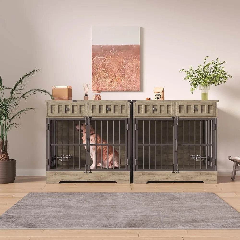 Indoor Wooden Dog Crate Furniture With Adjustable Feeder - Omega Lifestyles