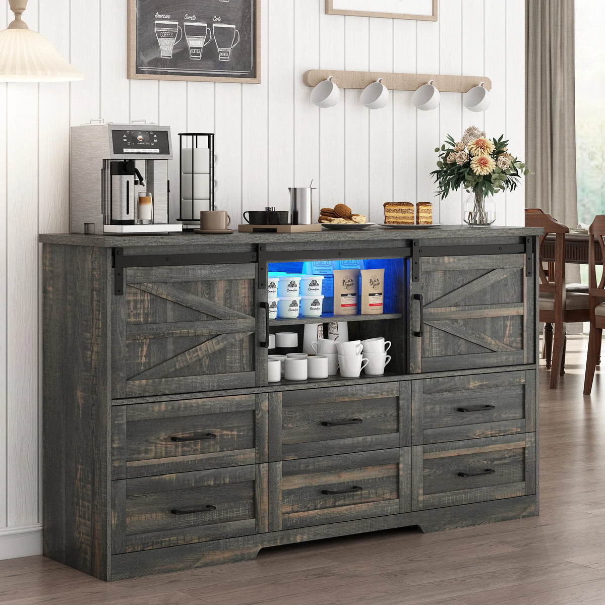 Farmhouse Wood Sideboard Buffet Cabinet With Charging Station